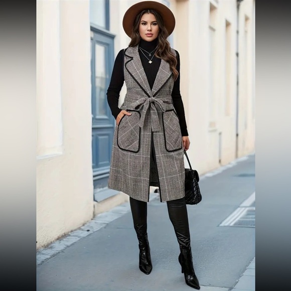 New Plus Plaid Pocket Contrasting Border Long Pants Sleeveless Vest Jacket NWT - Picture 3 of 16